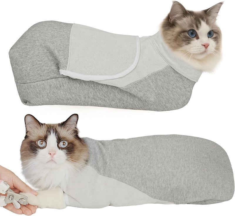 Paw Fun Self-Adhesive Cat Grooming Wrap, Cozy Cat Wrap for Cutting Nails, Breathable Anti-Scratch Cats Swaddle Bag for Brushing, Ear Cleaning, Dental Care, Medication, Injections,Grey L - Image 1